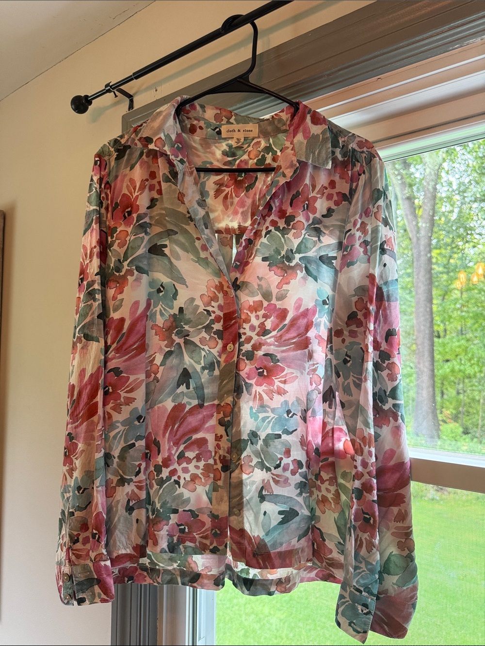 cloth & stone Floral Sheer Button-Down Blouse in Pink, Green & Cream